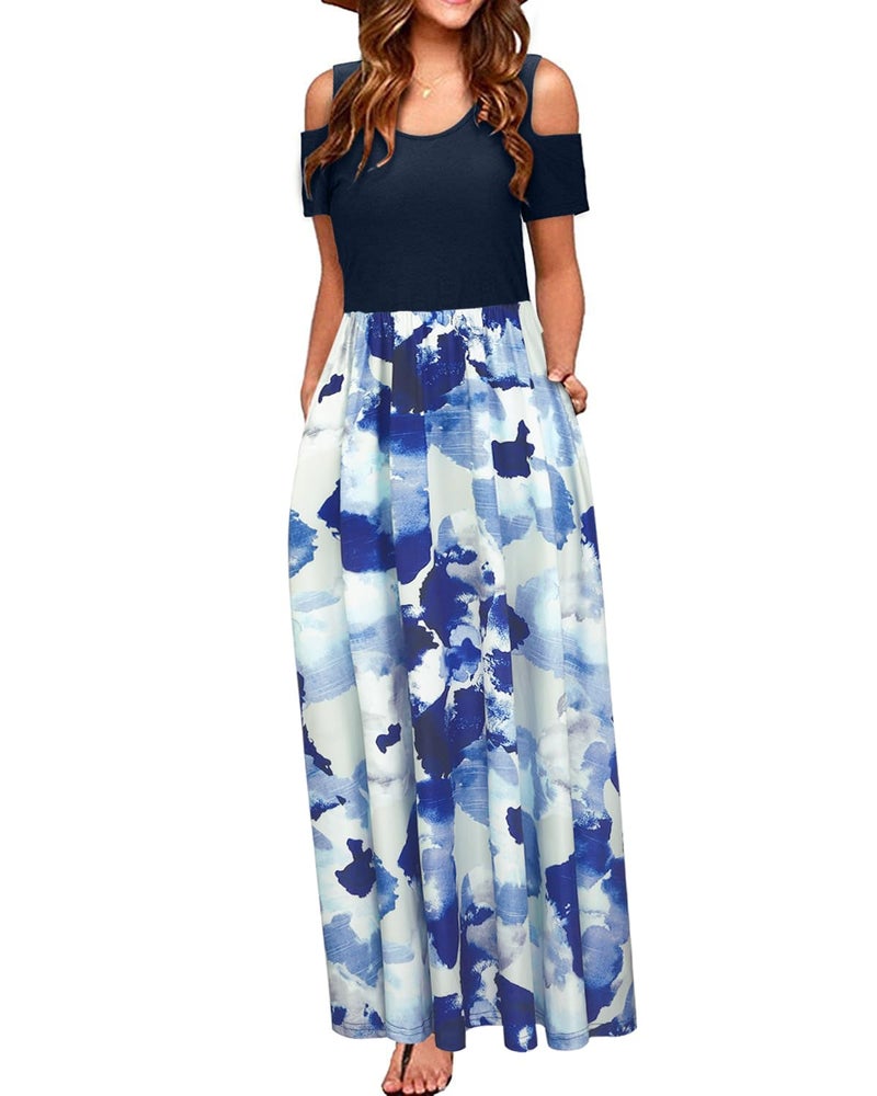 STYLEWORD Womens 2025 Summer Dress Floral Beach Cold Shoulder Dress Vocation Maxi Long Dress(Floral13,S) - Image 1